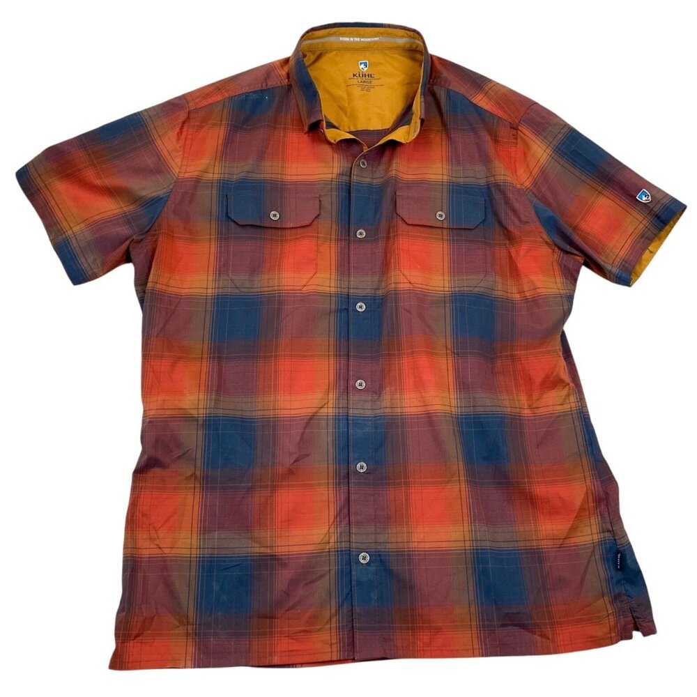 Kühl Mens Shirt Large Plaid Short-Sleeve Button-Up Orange Born in the Mountains